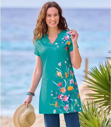 Maxi Tee-shirt Col Djellaba Imprimé Floral