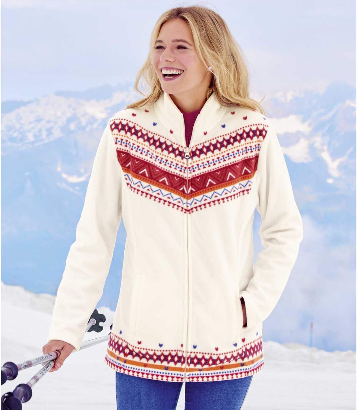 Women's White Patterned Fleece Jacket  Atlas For Men