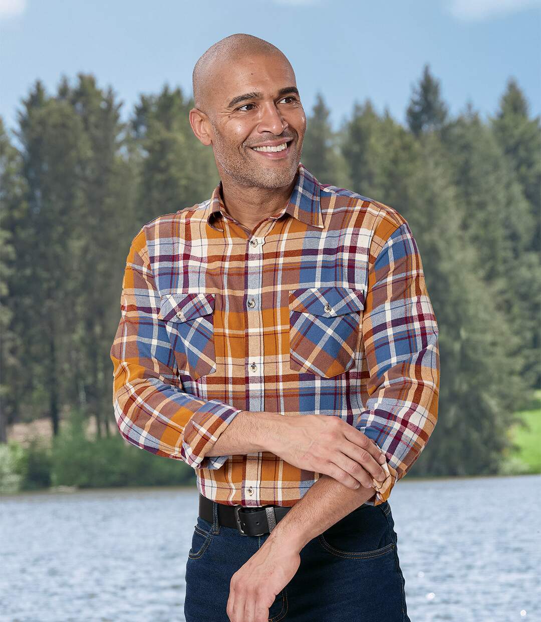 Chemise d'automne à carreaux homme - orange