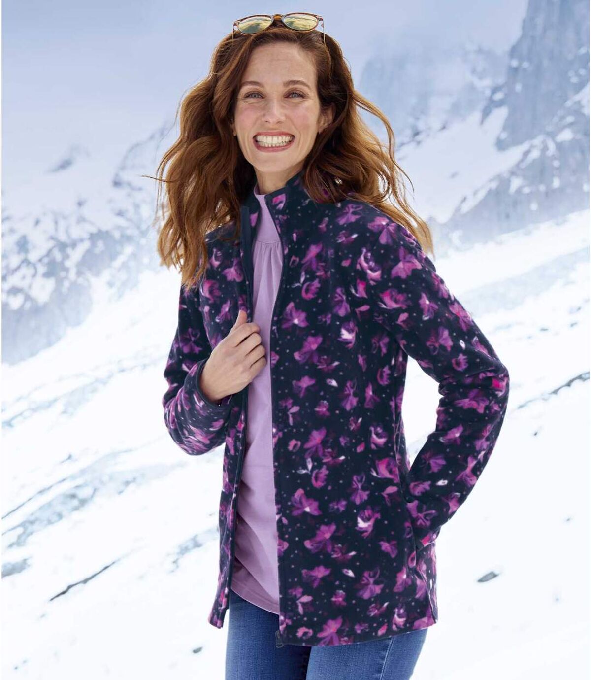 Women's Floral Print Fleece Jacket - Navy Pink Atlas For Men