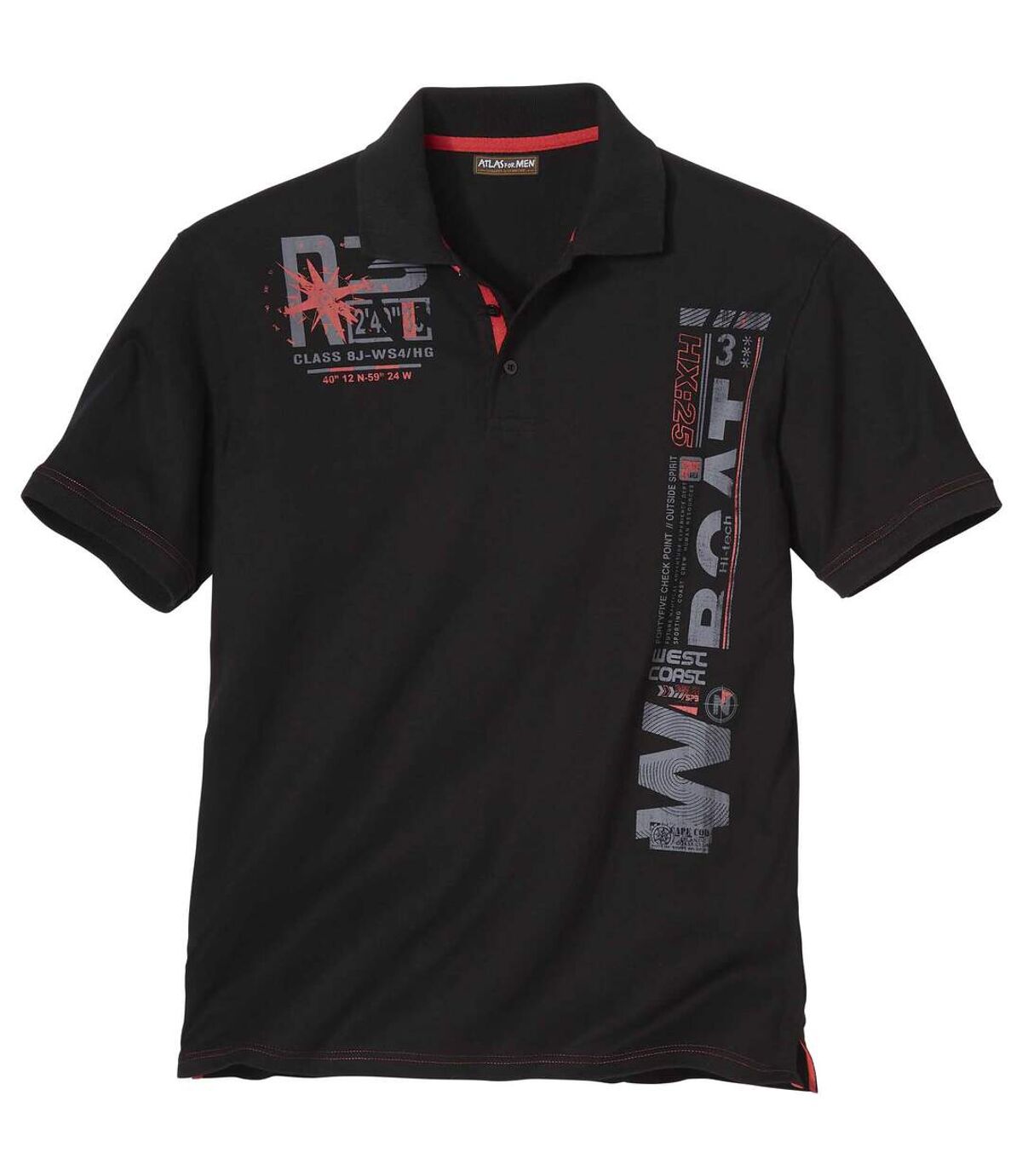 Men's Printed Jersey Polo Shirt - Black with Grey and Coral Details Atlas For Men