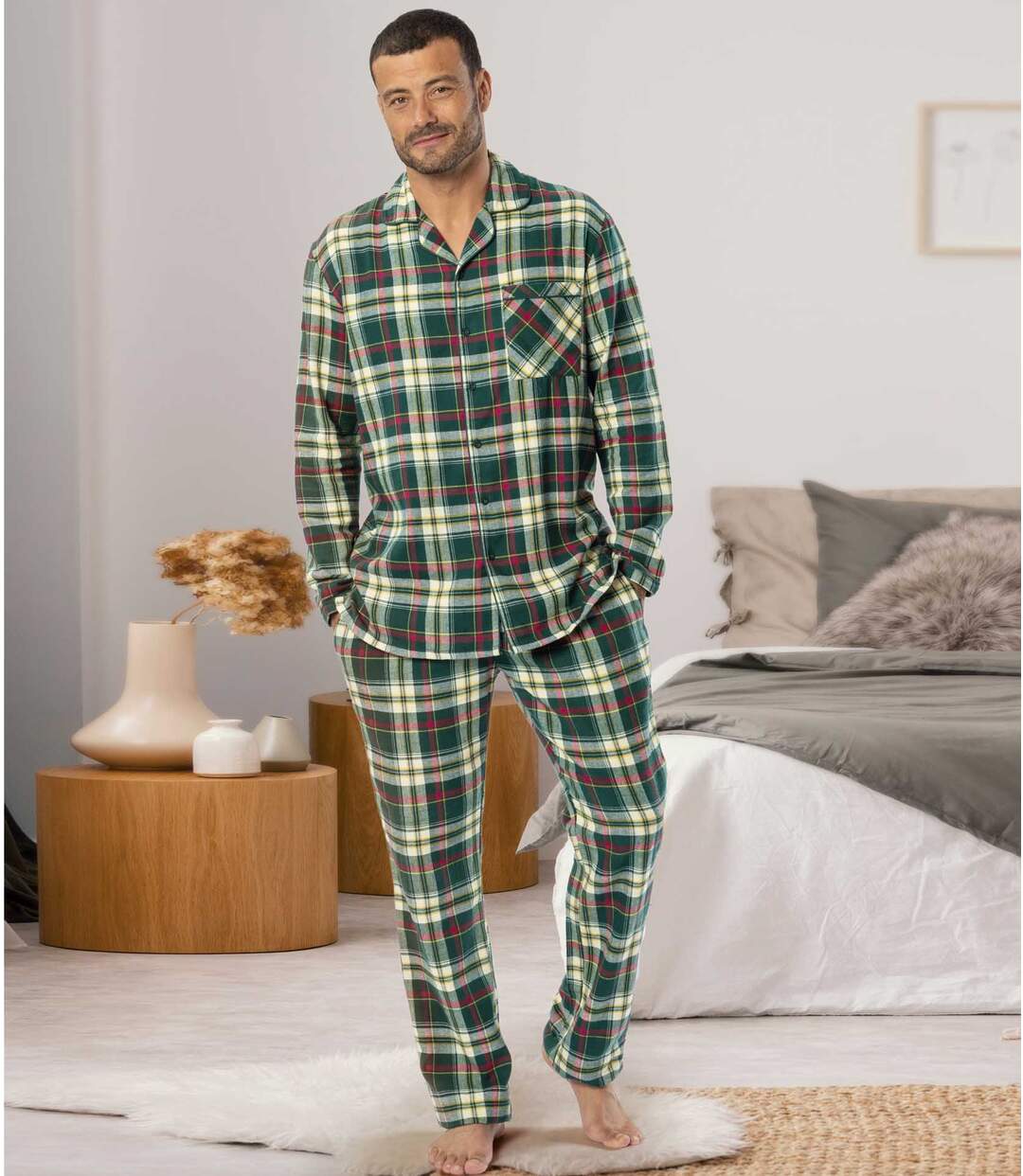 Men's Tartan Flannel Pyjamas - Green Ecru Burgundy-2