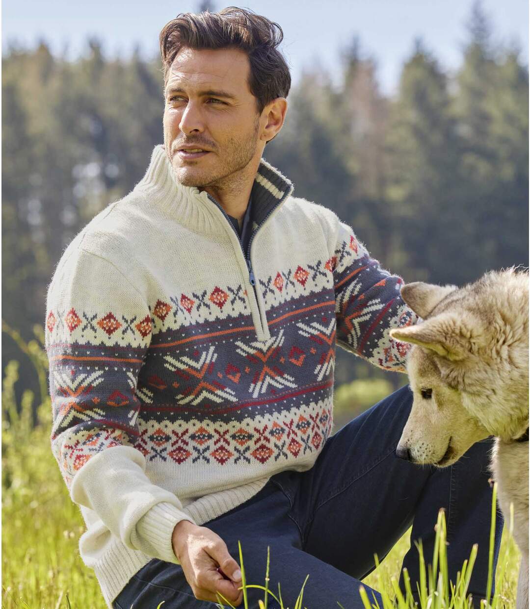 Men's Patterned Off-White Half Zip Sweater  Atlas For Men