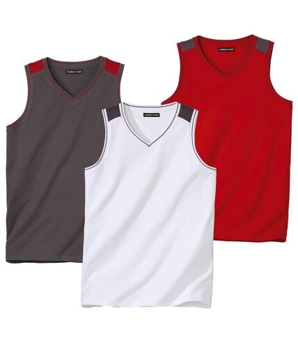 Pack of 3 Men's V-Neck Sports Vests - Red White Grey