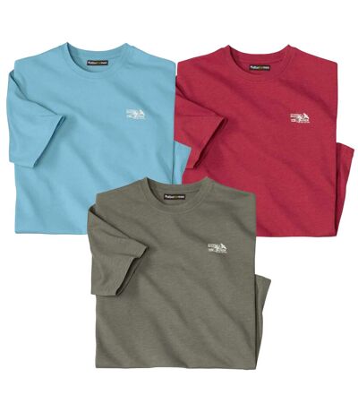 Pack of 3 Men's Crew Neck T-Shirts - Khaki Light Blue Red
