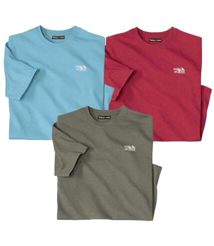 Pack of 3 Men's Crew Neck T-Shirts - Khaki Blue Red