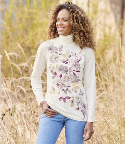 Women's Floral Turtleneck Top - Off-White