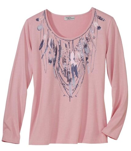 Women's Light Pink Long-Sleeve Top with Feather Print