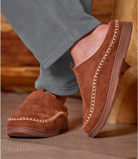 Men's Brown Sherpa-Lined Faux-Suede Slippers  