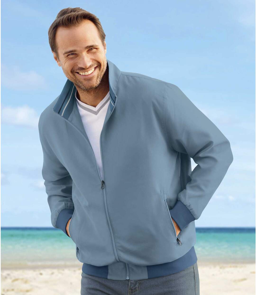 Men's Blue Microfiber Full Zip Summer Jacket - Water-Repellent Atlas For Men