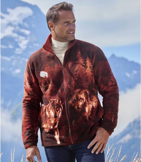 Men's Burgundy & Beige Wolf Print Fleece Jacket 