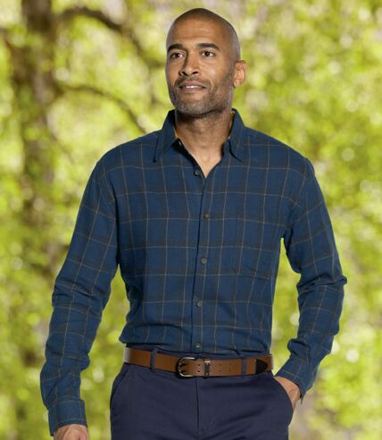 Men's Long Sleeve Checked Flannel Shirt - Navy Ochre