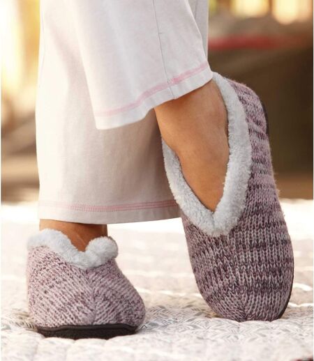 Women's Pink Knitted Slippers with Faux Fur Lining