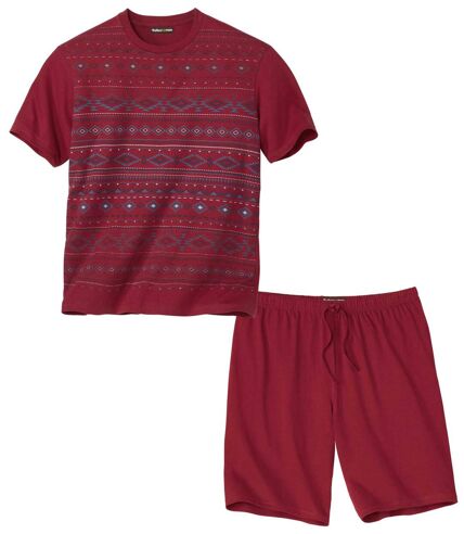 Men's Patterned Pyjama Short Set - Burgundy