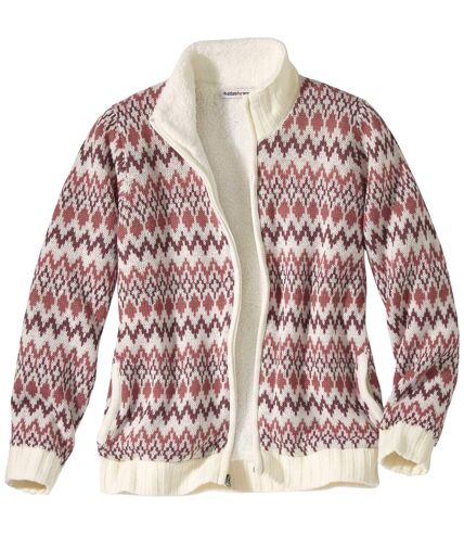 Women's Knitted Jacket with Fleece Lining - Full Zip - Ecru Pink