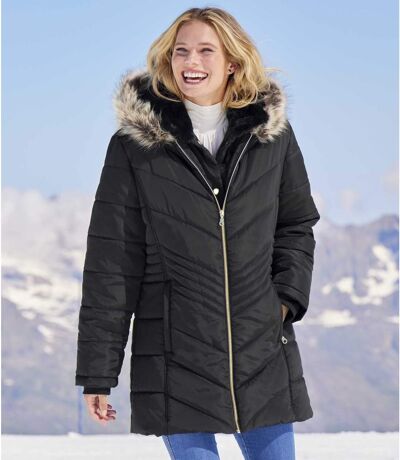 Women's Black Padded Jacket with Faux-Fur Hood - Water-Repellent  