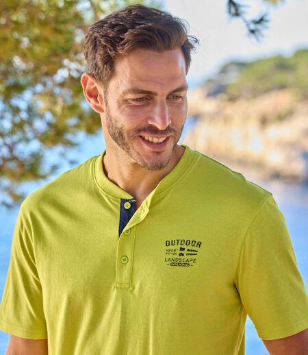 Pack of 3 Men's Henley T-Shirts - Khaki Blue Lime Green