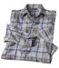 Men's Grey Flannel Checked Shirt with Off-White and Denim Blue Checks