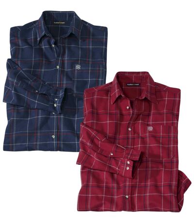 Pack of 2 Men's Checked Flannel Shirts - Navy Burgundy