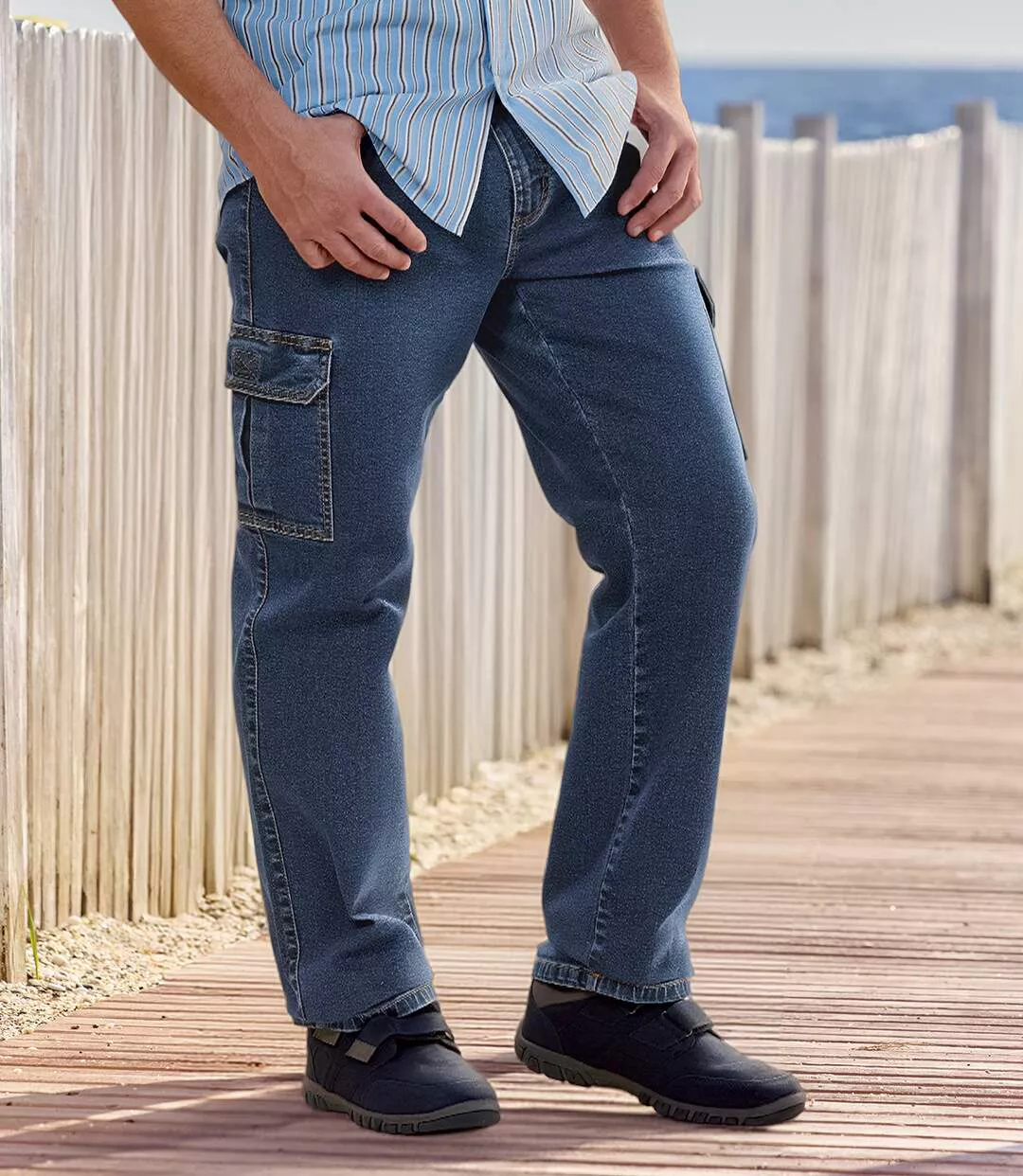 Le Jean Taille Semi-Elastiquée Cargo Stretch Bleu Clair-2