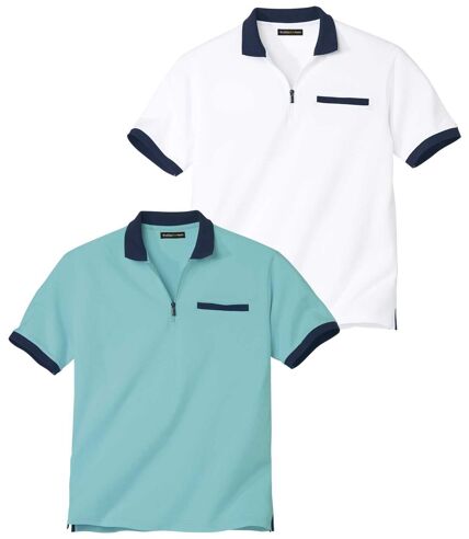 Pack of 2 Men's Zip-Up Polo Shirts - Turquoise White