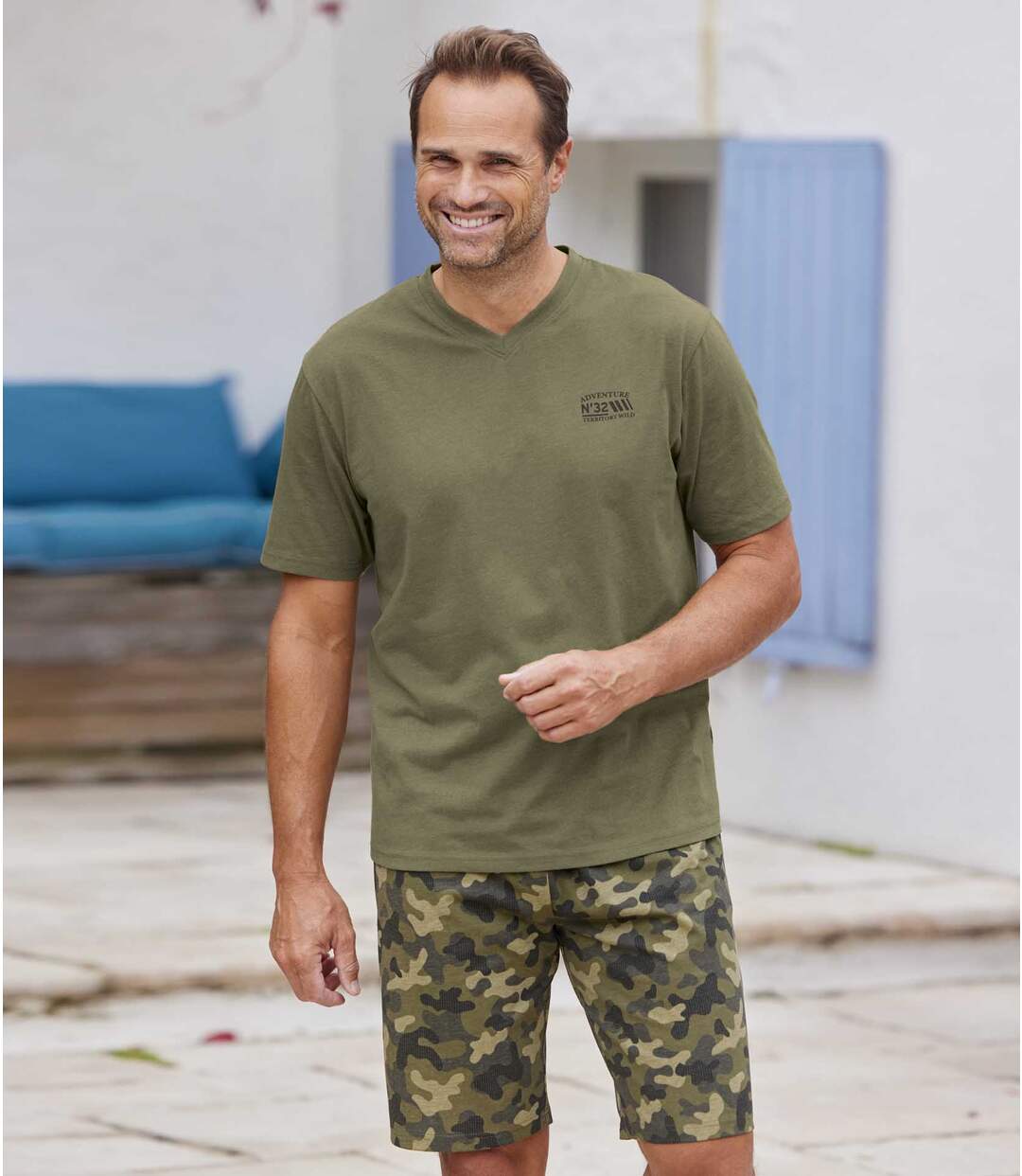 Men's Khaki Camouflage Print Pyjama Short Set-2