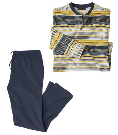 Men's Striped Cotton Pyjamas - Navy Yellow Grey