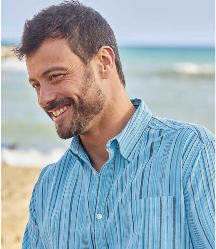 Niebieska, śródziemnomorska koszula z kreponu w paski
