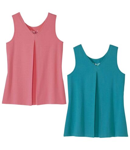 Pack of 2 Women's  V-Neck Vest Tops - Pink Blue 