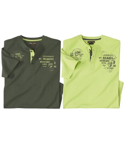 Pack of 2 Men's Button-Neck T-Shirts - Khaki and Lime Green