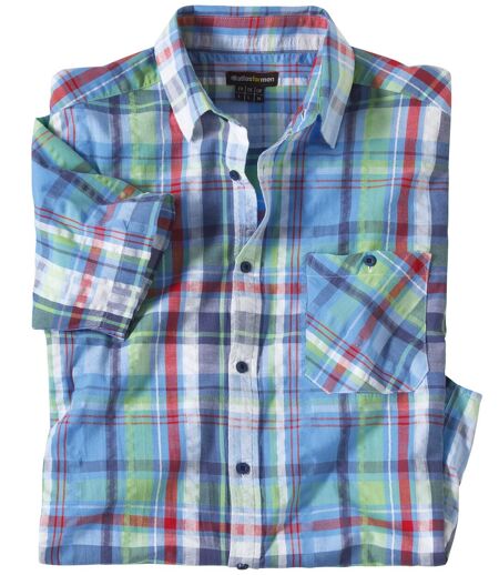 Men's Waffle-Effect Checked Shirt - Blue Navy Red Green