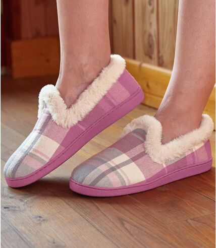 Women's Pink Checked Slippers with Faux-Fur Lining   