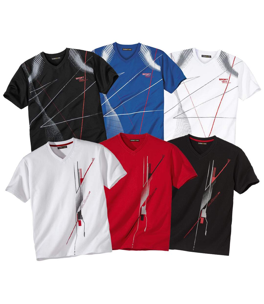 Pack of 6 Men's V-Neck Graphic Print T-Shirts - Red, Blue, White, Black-1