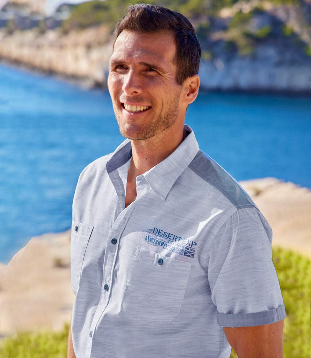 Men's Slub Fabric Shirt - White and Blue