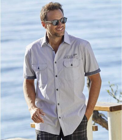 Men's Poplin Tropical Surf Shirt - White with Grey Stripes