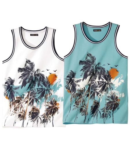 Pack of 2 Men's Printed Vests - White Turquoise