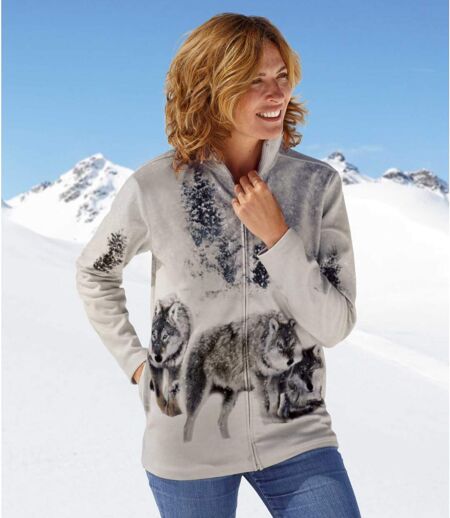 Women’s Grey Fleece Jacket with Wolf Pattern