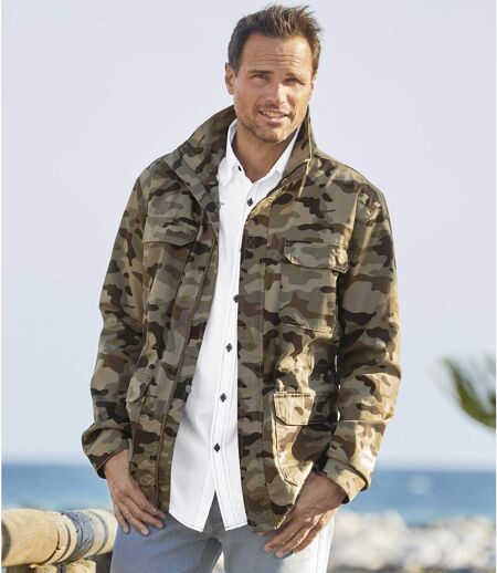 Men's Full Zip Camouflage Safari Jacket - Khaki