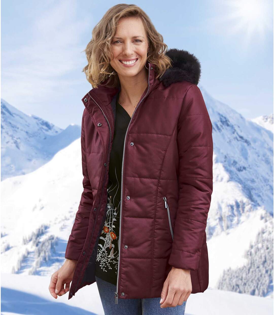 Women s Burgundy Quilted Parka Faux Fur Hood Atlas For Men