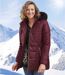 Women's Burgundy Quilted Parka - Faux Fur Hood