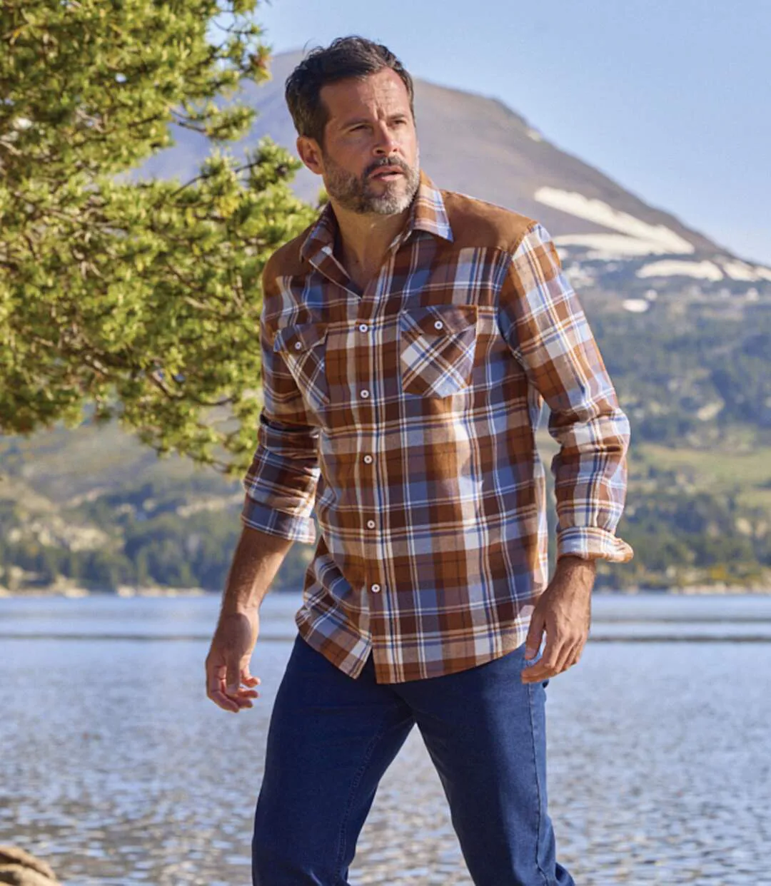Men's Flannel & Faux-Suede Shirt - Camel Blue-5