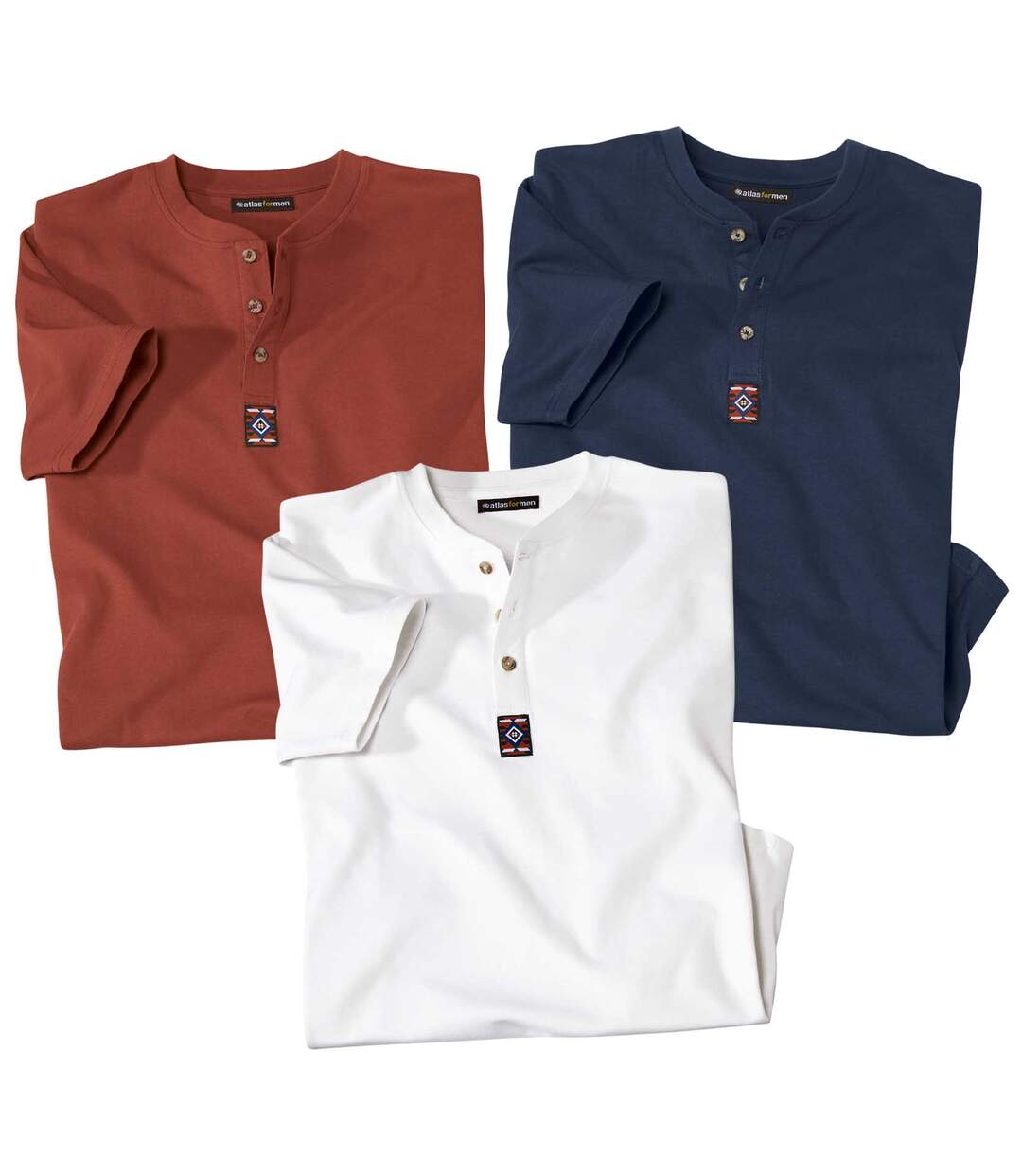 Pack of 3 Men's Button-Neck T-Shirts - Ecru Red Navy Atlas For Men
