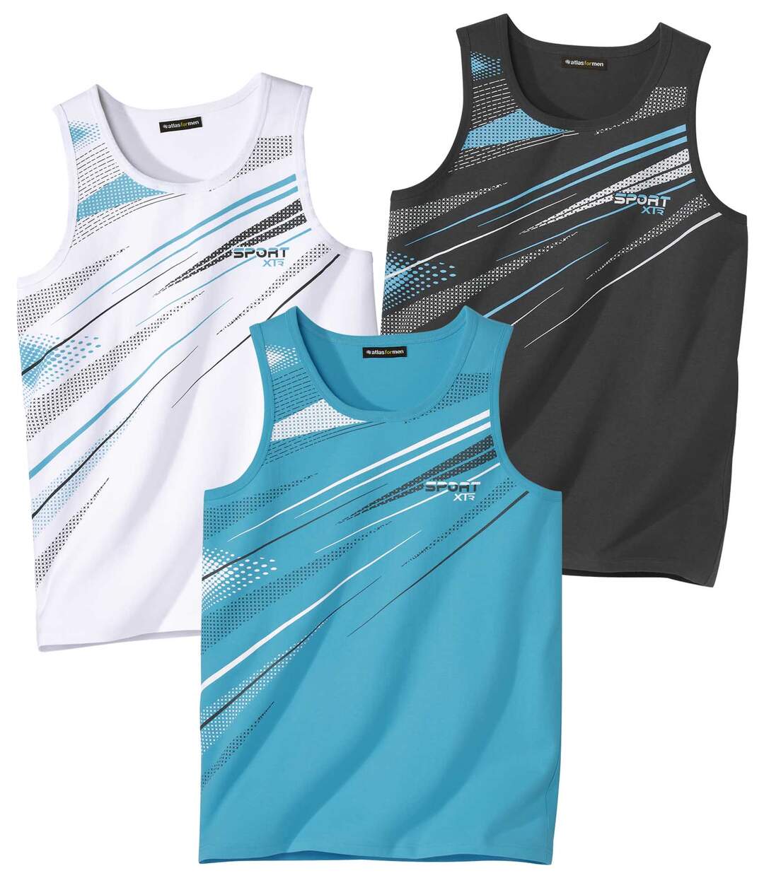 Pack of 3 Men's Graphic Print Tank Tops - Turquoise White Anthracite Atlas For Men