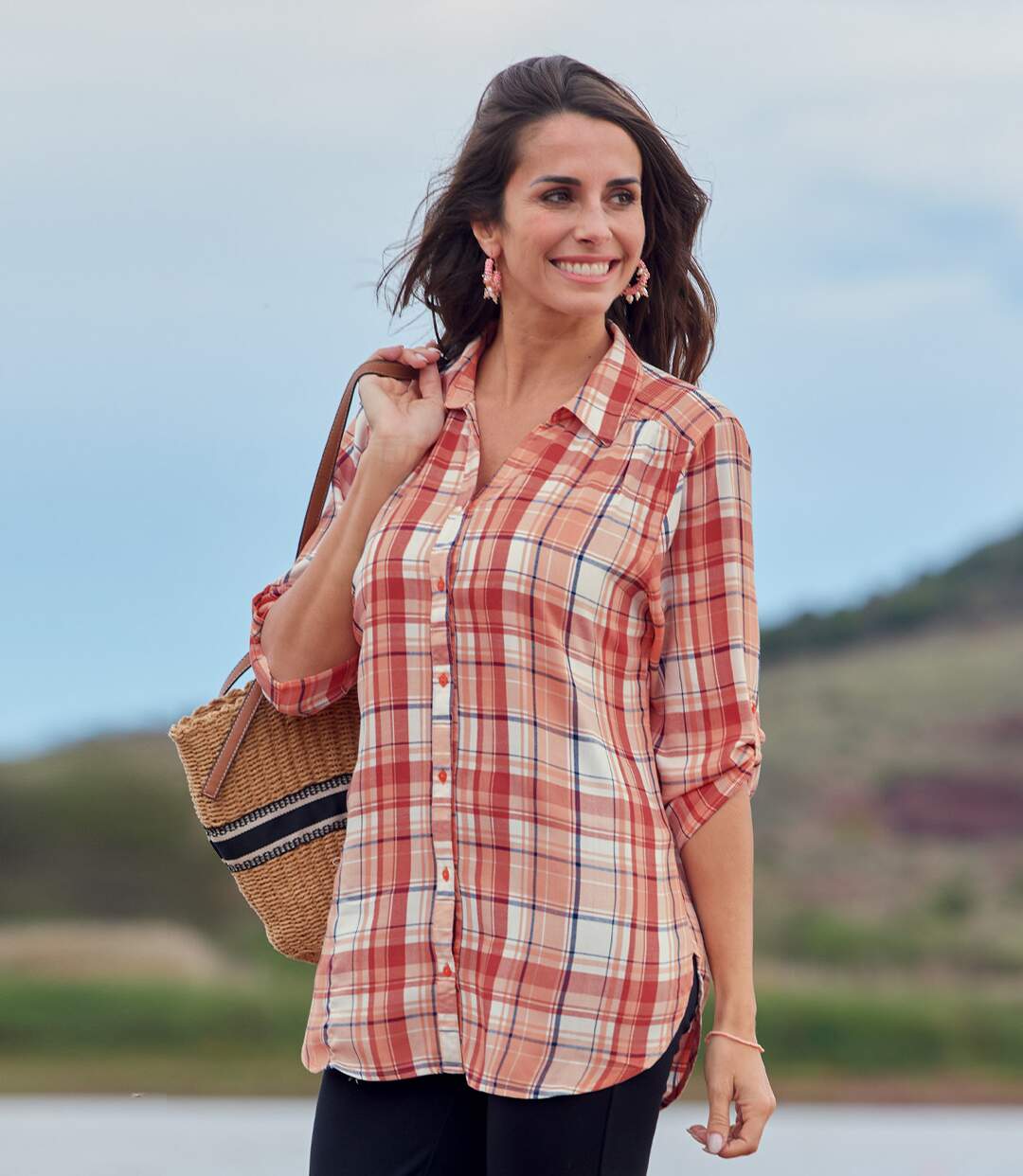 Women's Longline Checked Shirt - Coral Cream Red-1