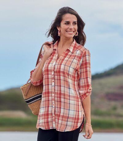 Women's Longline Checked Shirt - Coral Cream Red 