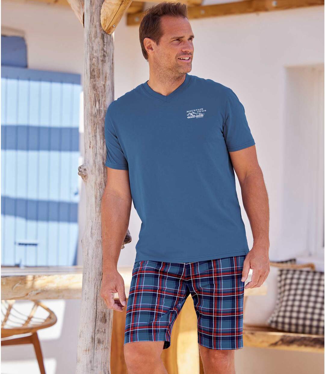 Men's Blue Checked Pyjama Short Set