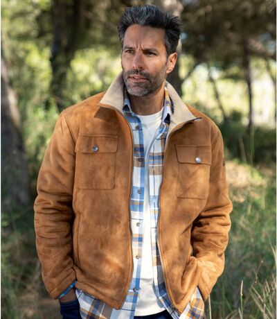 Men's Camel Sherpa-Lined Faux-Suede Jacket