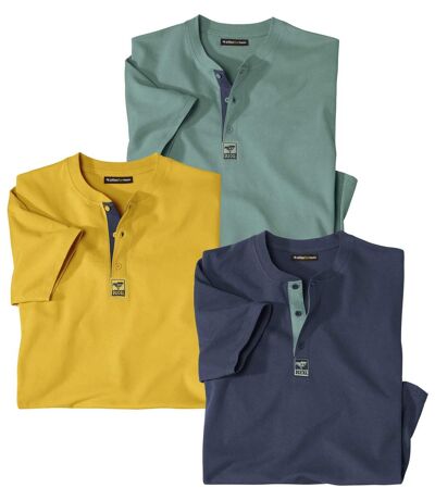 Pack of 3 Men's Button-Neck T-Shirts - Yellow Green Navy