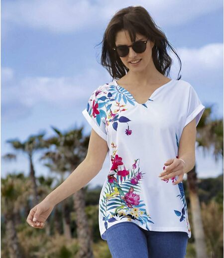 Women's White Dual Fabric T-Shirt with Tropical Print