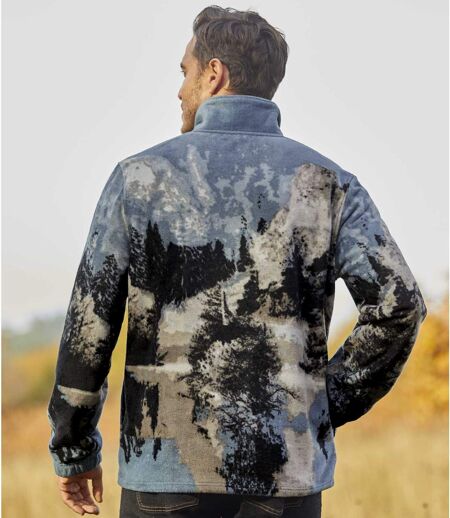 Men's Wolf-Print Full Zip Fleece Jacket - Blue Grey